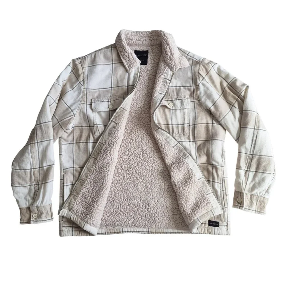 Hollister Sherpa-Lined Flannel Neutral Tan White Color Full Zip Shirt Jacket XL - Picture 7 of 16